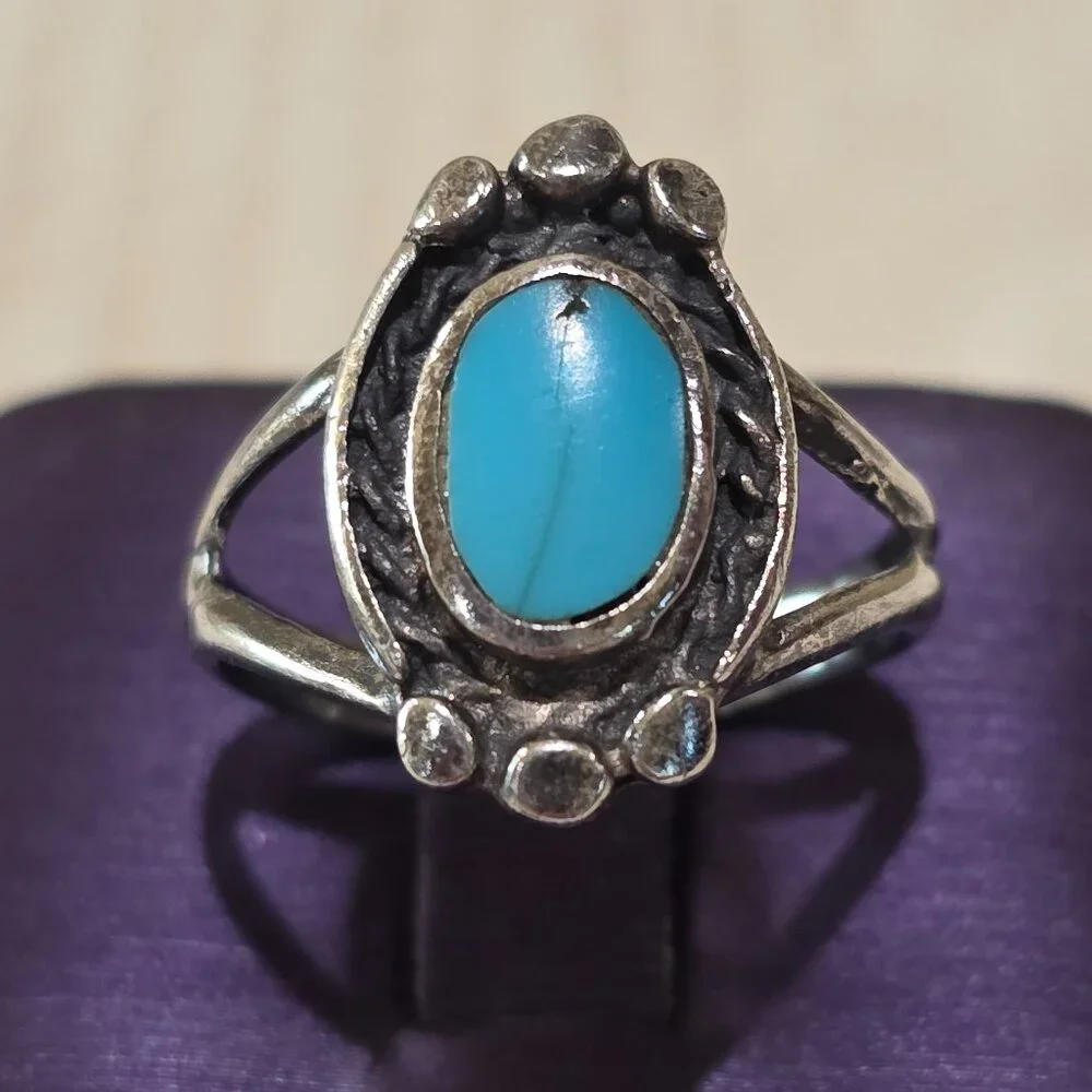 Old Handmade Southwest Native American Oval Turquoise Sterling Silver Ring 6.25